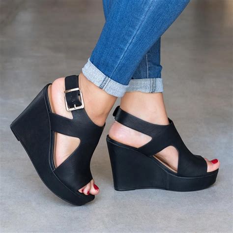 comfortable black wedge heels.